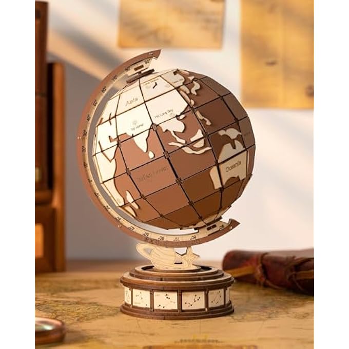 3D WOODEN PUZZLE FOR ADULTS, WORLD GLOBE WOOD MODEL BUILDING KITS WITH 277 PCS, GEOGRAPHIC EARTH GLOBE-VINTAGE PUZZLE CRAFTS HOBBIES GIFTS FOR KIDS TEEN MEN BOYS GIRLS - Image 1
